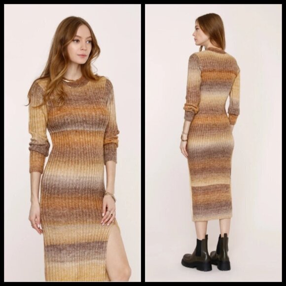 💕HEARTLOOM💕 Marina Dress Tan Ombre Striped Midi Dress Sweater Dress XS - Picture 4 of 16